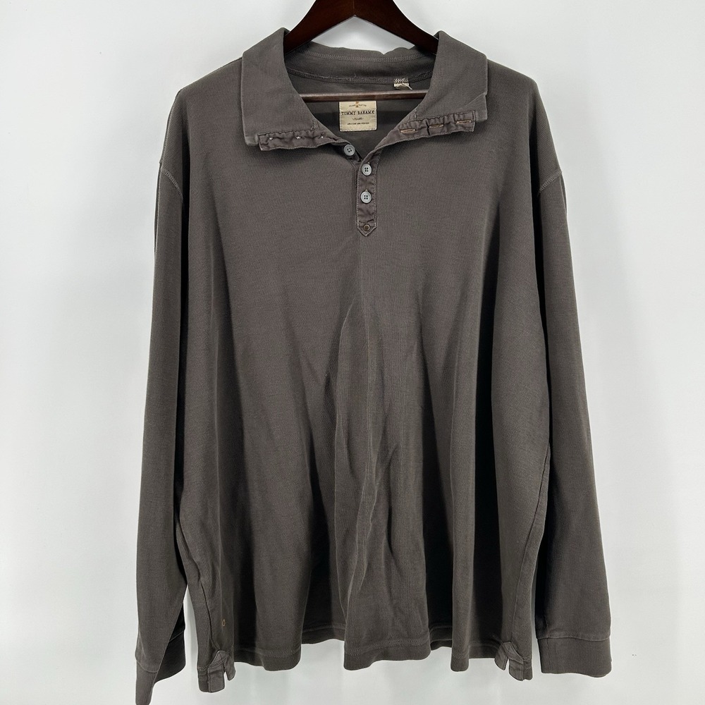 Tommy Bahama Jeans Polo Mens 2XL Brown Pigment Dyed Ribbed Long Sleeve 6 Button
